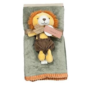 Chick Pea LION Baby Blanket Lovey Set Green Textured Orange Ribbed Trim New